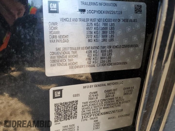 2021 Chevrolet Silverado 1500 LT with VIN 1GCPYDEK6MZ267119, listed as a Copart auction lot 87022124 with 35,054 mi miles and Salvage Title. Bid and sale history available at carsss.com. Image 13.