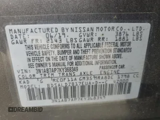 2019 Nissan Sentra SV with VIN 3N1AB7AP7KY368349, listed as a Copart auction lot 47689985 with 122,001 mi miles and Salvage Title. Bid and sale history available at DreamBid. Image 13.
