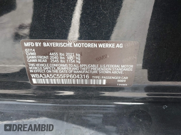 2015 BMW 3 Series 328i with VIN WBA3A5C55FP604316, listed as a IAAI auction lot 41915627 with 120,594 mi miles. Bid and sale history available at carsss.com. Image 9.