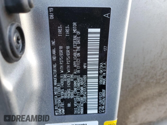 2020 Toyota Sequoia SR5 with VIN 5TDBY5G17LS174999, listed as a Copart auction lot 88127315 with 24,743 mi miles and Salvage Title. Bid and sale history available at carsss.com. Image 15.