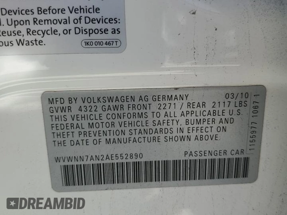 2010 Volkswagen CC Sport with VIN WVWNN7AN2AE552890, listed as a Copart auction lot 73327374 with 117,165 mi miles and Salvage Title. Bid and sale history available at carsss.com. Image 14.