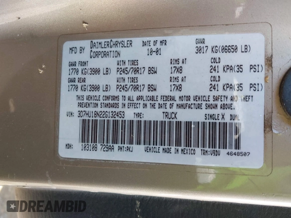 2002 Dodge 1500 with VIN 3D7HU18N22G132453, listed as a IAAI auction lot 41326133 with 210,183 mi miles and . Bid and sale history available at DreamBid. Image 9.