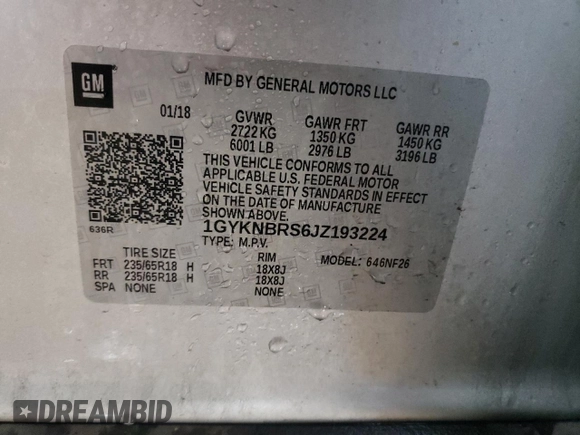 2018 Cadillac XT5 AWD with VIN 1GYKNBRS6JZ193224, listed as a Copart auction lot 44047695 with 105,654 mi miles and Salvage title. Bid and sale history available at DreamBid. Image 12.