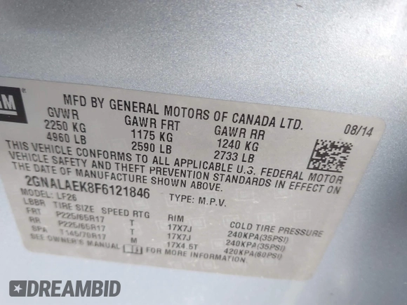 2015 Chevrolet Equinox LS with VIN 2GNALAEK8F6121846, listed as a IAAI auction lot 41896597 with 109,237 mi miles. Bid and sale history available at carsss.com. Image 9.