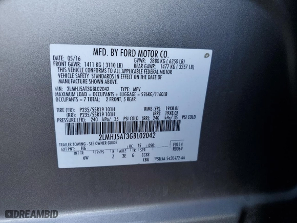 2016 Lincoln MKT EcoBoost with VIN 2LMHJ5AT3GBL02042, listed as a Copart auction lot 76000943 with NaN miles and Non Repairable. Bid and sale history available at carsss.com. Image 13.