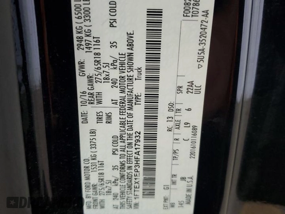 2017 Ford F-150 XL with VIN 1FTEX1EP3HFA17932, listed as a Copart auction lot 57824625 with 98,342 mi miles and Salvage title. Bid and sale history available at DreamBid. Image 12.