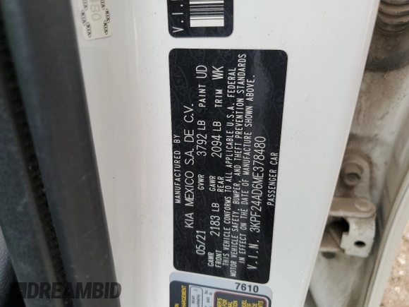 2021 Kia Forte LXS with VIN 3KPF24AD6ME378480, listed as a Copart auction lot 59366195 with 66,124 mi miles and Salvage title. Bid and sale history available at DreamBid. Image 12.