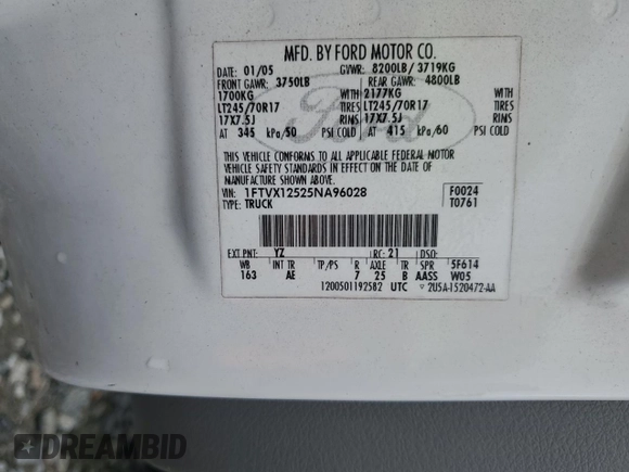 2005 Ford F-150 XL with VIN 1FTVX12525NA96028, listed as a Copart auction lot 58163715 with Not provided miles and Clean title. Bid and sale history available at DreamBid. Image 12.