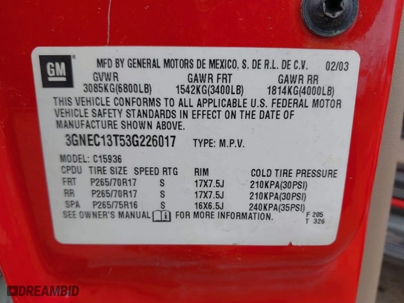 2003 Chevrolet Avalanche with VIN 3GNEC13T53G226017, listed as a IAAI auction lot 41854758 with 149,567 mi miles. Bid and sale history available at carsss.com. Image 9.