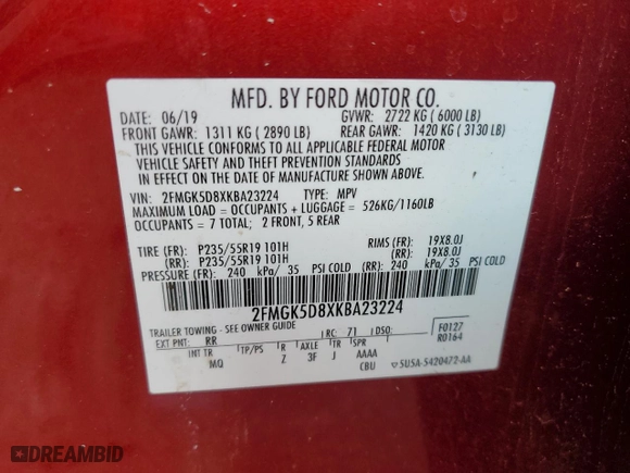 2019 Ford Flex Limited with VIN 2FMGK5D8XKBA23224, listed as a Copart auction lot 88329235 with 64,291 mi miles and Salvage Title. Bid and sale history available at carsss.com. Image 16.
