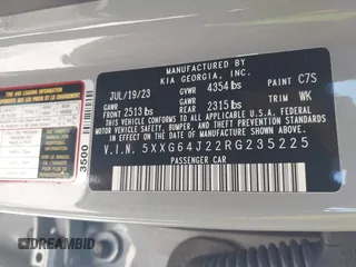 2024 Kia K5 GT-Line z VIN 5XXG64J22RG235225, wystawiony jako IAAI lot #41757058 z przebiegiem 13 071 mil mil oraz . Historia ofert i sprzedaży dostępna na DreamBid. Obrazek 9.