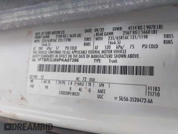 2023 Ford Transit Cargo with VIN 1FTBR3U89PKA07396, listed as a IAAI auction lot 41878907 with 103,402 mi miles and . Bid and sale history available at DreamBid. Image 9.