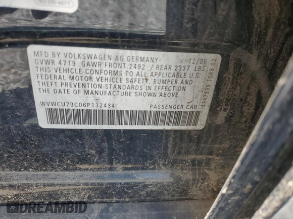 2006 Volkswagen Passat 3.6L V6 with VIN WVWCU73C06P132434, listed as a Copart auction lot 60893035 with 160,093 mi miles and Clean title. Bid and sale history available at DreamBid. Image 12.