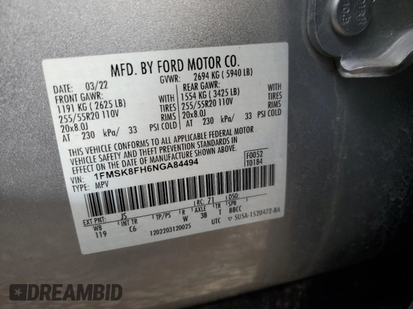 2022 Ford Explorer Limited с VIN 1FMSK8FH6NGA84494, выставлен на аукционе Copart как лот 45892445 с пробегом 69 127 миль миль и Чистый • Clean title. История ставок и продаж доступна на DreamBid. Изображение 13.