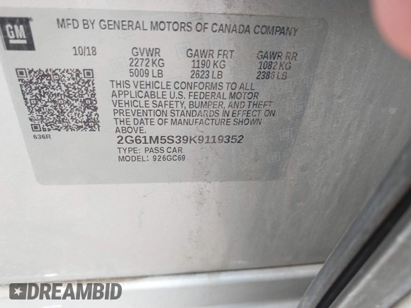 2019 Cadillac XTS Luxury with VIN 2G61M5S39K9119352, listed as a IAAI auction lot 42345653 with 94,938 mi miles and . Bid and sale history available at DreamBid. Image 9.