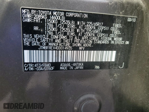 2013 Toyota RAV4 LE с VIN JTMBFREV4DD014935, выставлен на аукционе Copart как лот 46837385 с пробегом 78 920 миль миль и Чистый • Clean title. История ставок и продаж доступна на DreamBid. Изображение 13.