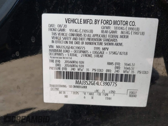 2020 Ford EcoSport SE z VIN MAJ3S2GE4LC390775, wystawiony jako IAAI lot #42339138 z przebiegiem 85 270 mil mil oraz . Historia ofert i sprzedaży dostępna na DreamBid. Obrazek 9.