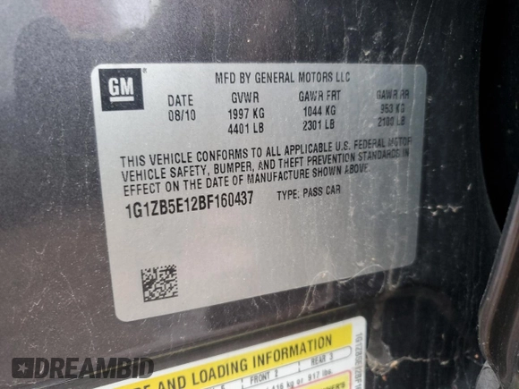 2011 Chevrolet Malibu 1LS with VIN 1G1ZB5E12BF160437, listed as a Copart auction lot 46747665 with 150,845 mi miles and Clean Title. Bid and sale history available at DreamBid. Image 12.