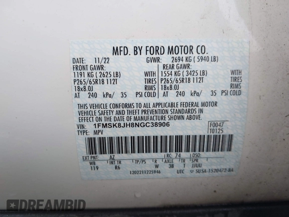2022 Ford Explorer Timberline z VIN 1FMSK8JH8NGC38906, wystawiony jako IAAI lot #41620210 z przebiegiem 47 945 mil mil oraz . Historia ofert i sprzedaży dostępna na DreamBid. Obrazek 9.