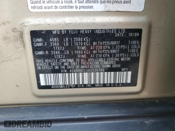 2010 Subaru Outback Premium All-Weather Anniversary with VIN 4S4BRBCCXA3338789, listed as a Copart auction lot 61489255 with 230,782 mi miles and Salvage title. Bid and sale history available at DreamBid. Image 13.