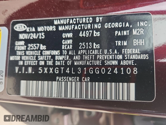 2016 Kia Optima LX with VIN 5XXGT4L31GG024108, listed as a Copart auction lot 60695765 with 92,417 mi miles and Salvage title. Bid and sale history available at DreamBid. Image 12.