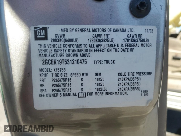 2003 Chevrolet Silverado 1500 with VIN 2GCEK19T531210475, listed as a Copart auction lot 47099315 with 211,504 mi miles and Salvage Title. Bid and sale history available at carsss.com. Image 14.