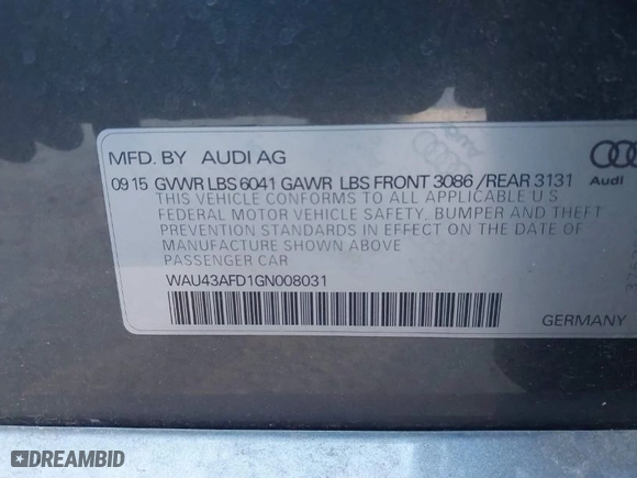 2016 Audi A8 L 4.0T Sport with VIN WAU43AFD1GN008031, listed as a IAAI auction lot 41390435 with 153,152 mi miles. Bid and sale history available at carsss.com. Image 9.