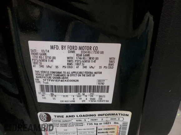 2014 Ford F-150 XL with VIN 1FTFW1EF4EKE00926, listed as a Copart auction lot 54425475 with 153,163 mi miles and Salvage Title. Bid and sale history available at carsss.com. Image 12.