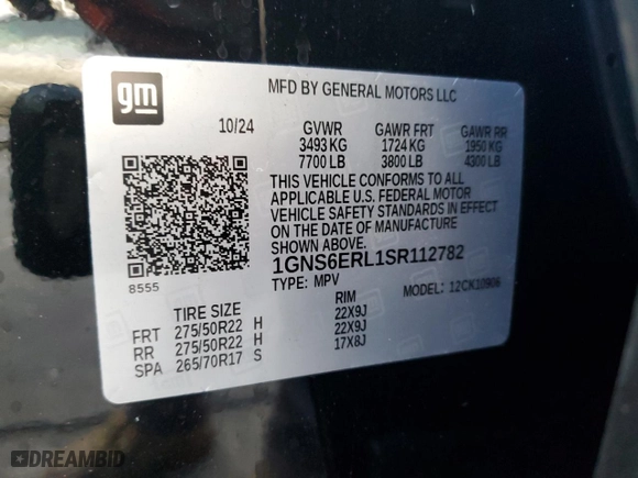2025 Chevrolet Suburban RST with VIN 1GNS6ERL1SR112782, listed as a Copart auction lot 86405104 with 1,235 mi miles and Salvage Title. Bid and sale history available at carsss.com. Image 15.