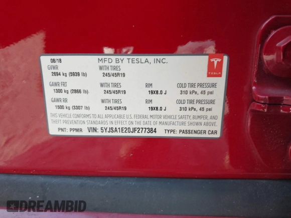 2018 Tesla Model S 75D z VIN 5YJSA1E20JF277384, wystawiony jako IAAI lot #42680941 z przebiegiem 50 464 mil mil oraz . Historia ofert i sprzedaży dostępna na DreamBid. Obrazek 9.