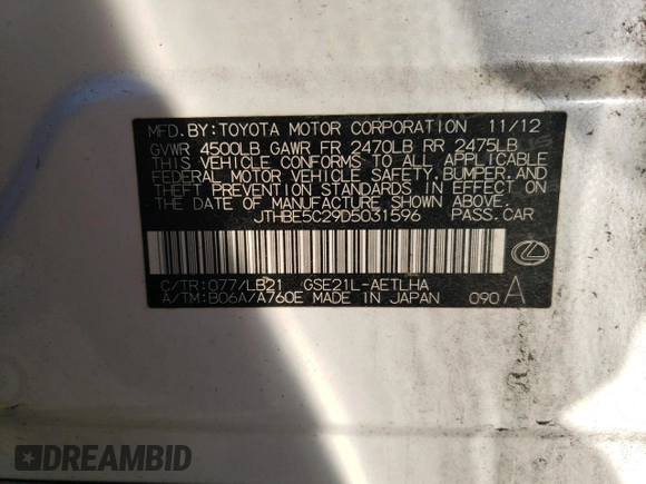 2013 Lexus IS 350 z VIN JTHBE5C29D5031596, wystawiony jako Copart lot #52286915 z przebiegiem 133 409 mil mil oraz Czysty tytuł • Clean title. Historia ofert i sprzedaży dostępna na DreamBid. Obrazek 12.