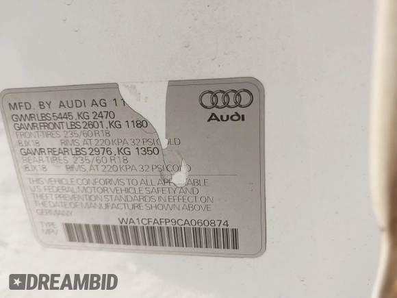 2012 Audi Q5 Premium с VIN WA1CFAFP9CA060874, выставлен на аукционе IAAI как лот 41365109 с пробегом 96 083 миль миль и . История ставок и продаж доступна на DreamBid. Изображение 9.