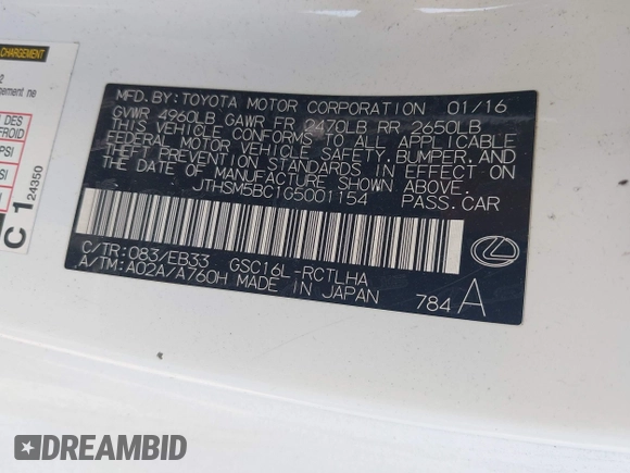 2016 Lexus RC 300 F Sport with VIN JTHSM5BC1G5001154, listed as a IAAI auction lot 42088936 with 77,476 mi miles and . Bid and sale history available at DreamBid. Image 9.