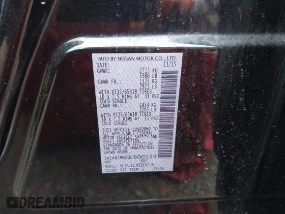 2016 Nissan Pathfinder Platinum с VIN 5N1AR2MN2GC600129, выставлен на аукционе IAAI как лот 42397347 с пробегом 204 491 миль миль и . История ставок и продаж доступна на DreamBid. Изображение 9.