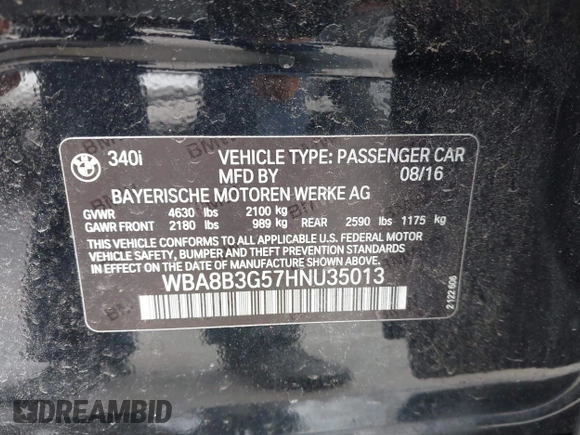 2017 BMW 3 Series 340i with VIN WBA8B3G57HNU35013, listed as a IAAI auction lot 42052820 with 98,113 mi miles and . Bid and sale history available at carsss.com. Image 9.