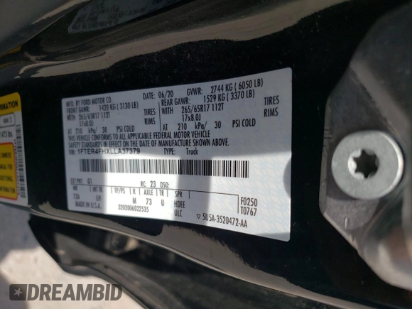 2020 Ford Ranger XL with VIN 1FTER4FHXLLA37379, listed as a Copart auction lot 63272295 with 72,423 mi miles and Salvage title. Bid and sale history available at DreamBid. Image 12.