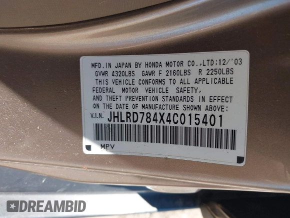 2004 Honda CR-V LX with VIN JHLRD784X4C015401, listed as a IAAI auction lot 39704765 with 158,987 mi miles and . Bid and sale history available at carsss.com. Image 9.