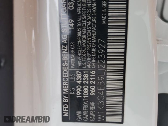2020 Mercedes-Benz A 220 with VIN W1K3G4EB9LJ223927, listed as a Copart auction lot 49829255 with 37,088 mi miles and Salvage Title. Bid and sale history available at DreamBid. Image 12.