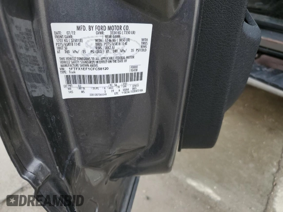 2012 Ford F-150 XL with VIN 1FTFX1EF1CFC58120, listed as a Copart auction lot 46493245 with 174,596 mi miles and Salvage Title. Bid and sale history available at carsss.com. Image 12.