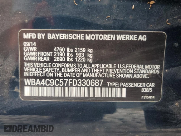 2015 BMW 4 Series 428i xDrive with VIN WBA4C9C57FD330687, listed as a Copart auction lot 67639034 with 114,779 mi miles and Salvage title. Bid and sale history available at DreamBid. Image 12.