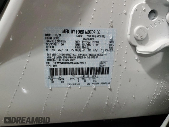 2025 Ford Explorer Platinum with VIN 1FMWK8HC9SGA37071, listed as a Copart auction lot 86131034 with Not provided miles and Salvage title. Bid and sale history available at DreamBid. Image 14.