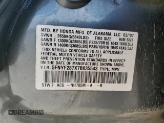 2007 Honda Pilot EX-L with VIN 5FNYF287X7B035543, listed as a Copart auction lot 41758695 with 220,347 mi miles and Salvage Title. Bid and sale history available at DreamBid. Image 13.