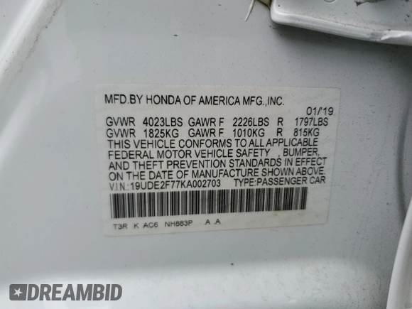 2019 Acura ILX Premium with VIN 19UDE2F77KA002703, listed as a Copart auction lot 61183505 with 38,197 mi miles and Salvage title. Bid and sale history available at DreamBid. Image 12.