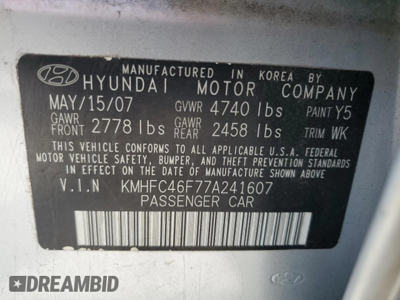 2007 Hyundai Azera SE with VIN KMHFC46F77A241607, listed as a Copart auction lot 59318345 with 198,664 mi miles and Salvage title. Bid and sale history available at DreamBid. Image 12.