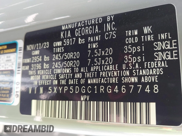 2024 Kia Telluride SX Prestige X-Pro with VIN 5XYP5DGC1RG467748, listed as a IAAI auction lot 42613478 with 21,129 mi miles and . Bid and sale history available at DreamBid. Image 9.