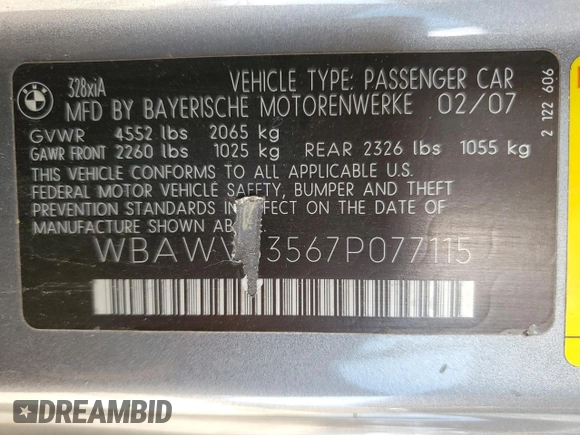 2007 BMW 3 Series 328xi with VIN WBAWV53567P077115, listed as a Copart auction lot 56944595 with 147,775 mi miles and Salvage title. Bid and sale history available at DreamBid. Image 12.