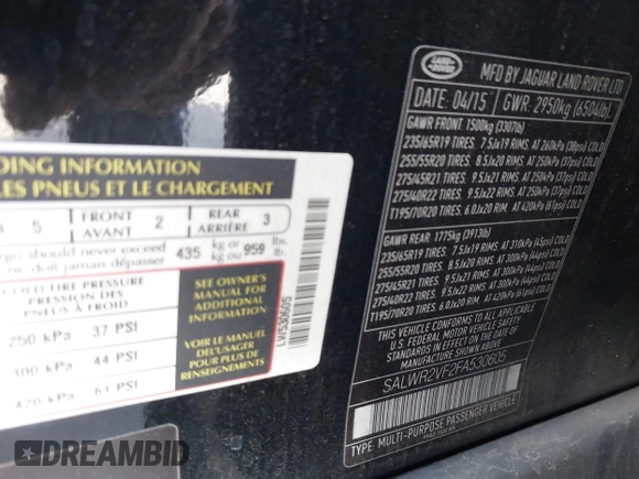2015 Land Rover Range Rover Sport HSE with VIN SALWR2VF2FA530605, listed as a IAAI auction lot 42023941 with 73,087 mi miles. Bid and sale history available at carsss.com. Image 9.