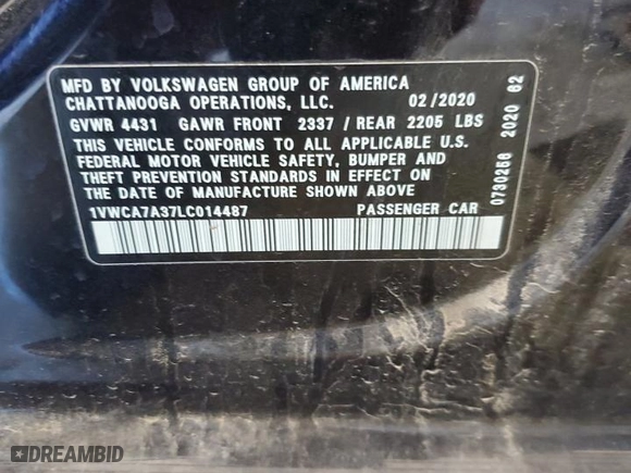 2020 Volkswagen Passat 2.0T SEL with VIN 1VWCA7A37LC014487, listed as a Copart auction lot 54011854 with 47,822 mi miles and Salvage Title. Bid and sale history available at carsss.com. Image 14.