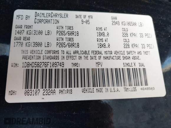 2006 Dodge Durango Limited with VIN 1D8HD58276F109749, listed as a IAAI auction lot 41992801 with Not provided miles and . Bid and sale history available at DreamBid. Image 9.