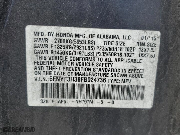 2015 Honda Pilot SE with VIN 5FNYF3H38FB024736, listed as a Copart auction lot 51492805 with 134,373 mi miles and Salvage Title. Bid and sale history available at carsss.com. Image 15.